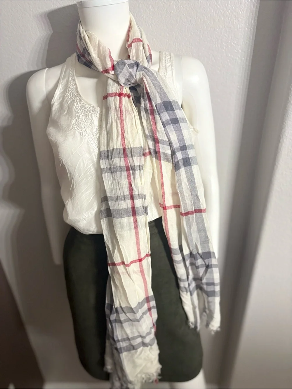 Lightweight Plaid Long Scarf in Cream, Gray & Red
